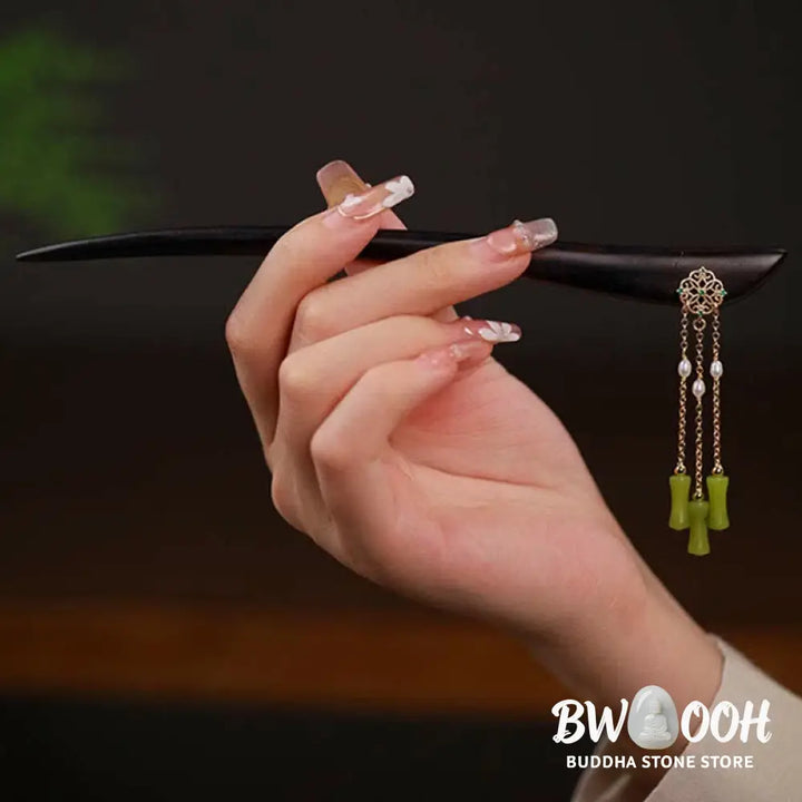 Buddha Stones Natural Peridot Ebony Wood Love Tassels Hairpin - Peridot (Love ♥ Loyalty) - Hairpin