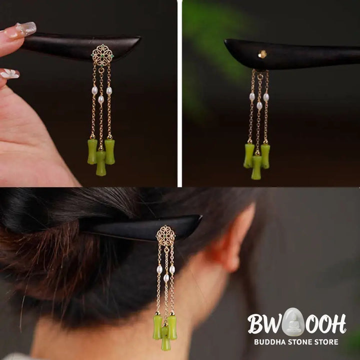 Buddha Stones Natural Peridot Ebony Wood Love Tassels Hairpin - Peridot (Love ♥ Loyalty) - Hairpin
