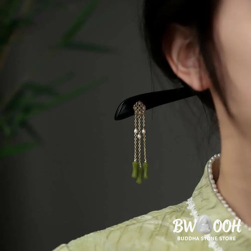 Buddha Stones Natural Peridot Ebony Wood Love Tassels Hairpin - Peridot (Love ♥ Loyalty) - Hairpin