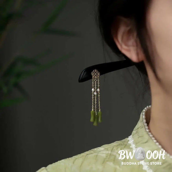 Buddha Stones Natural Peridot Ebony Wood Love Tassels Hairpin - Peridot (Love ♥ Loyalty) - Hairpin