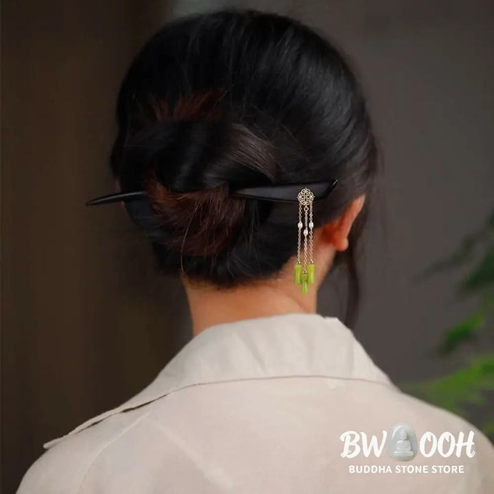 Buddha Stones Natural Peridot Ebony Wood Love Tassels Hairpin - Peridot (Love ♥ Loyalty) - Hairpin