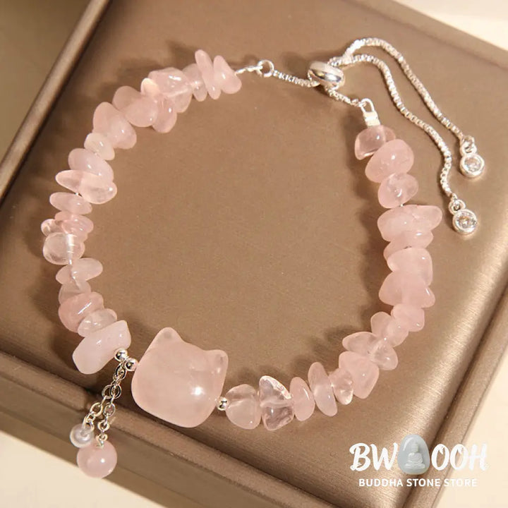 Buddha Stones Natural Pink Crystal Agate Gravel Stone Cat Head Soothing Bracelet - BWOOOH - Bracelet