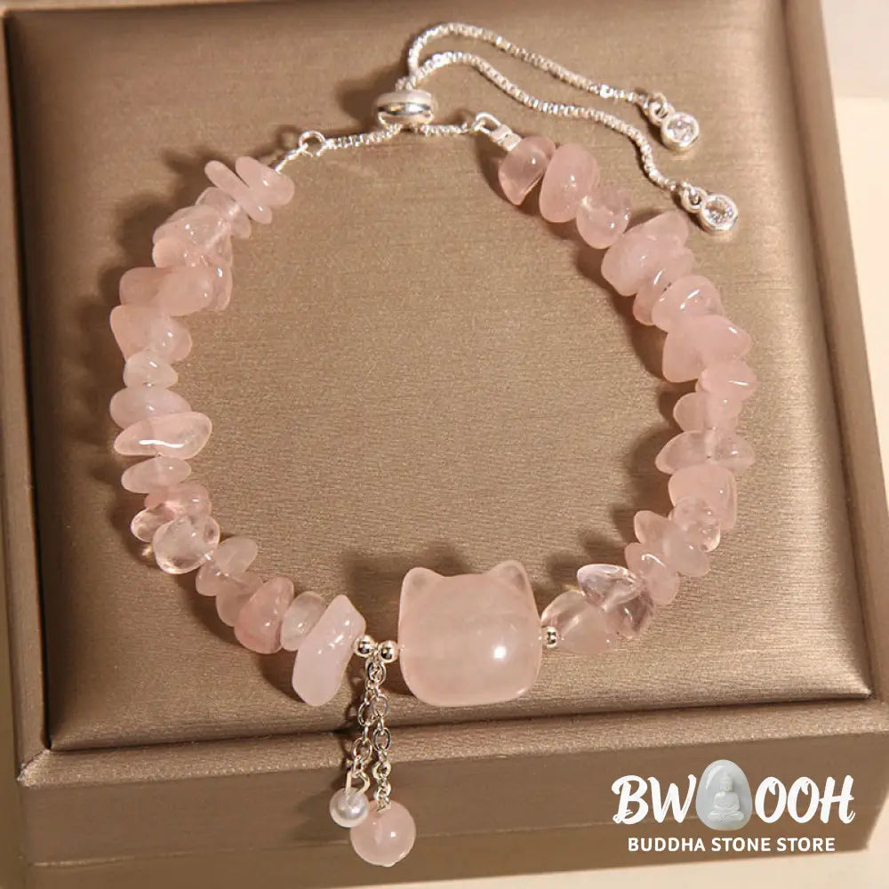 Buddha Stones Natural Pink Crystal Agate Gravel Stone Cat Head Soothing Bracelet - BWOOOH - Bracelet