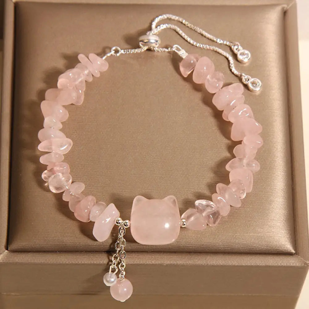 BWOOOH Natural Pink Crystal Agate Gravel Stone Cat Head Soothing Bracelet — Pink Crystal crystal healing bracelet for spir...