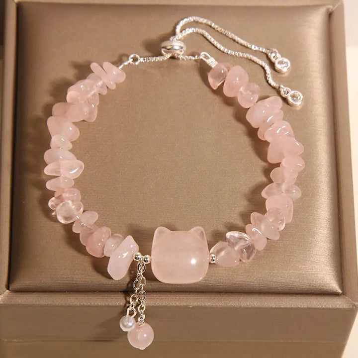 BWOOOH Natural Pink Crystal Agate Gravel Stone Cat Head Soothing Bracelet — Pink Crystal crystal healing bracelet for spir...