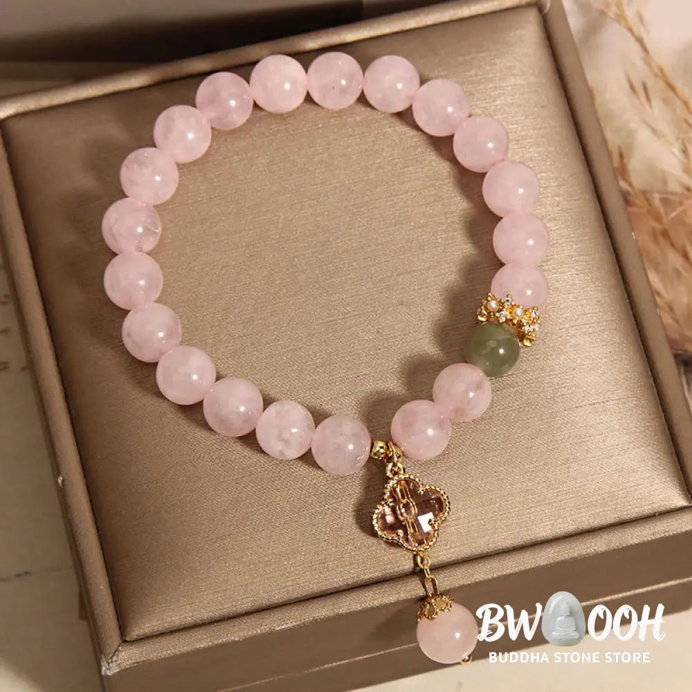 Buddha Stones Natural Pink Crystal Four Leaf Clover Soothing Bracelet - BWOOOH - Pink Crystal(Wrist Circumference: