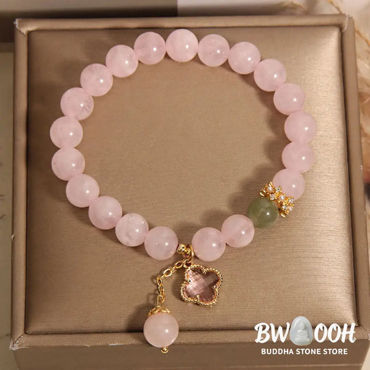 Buddha Stones Natural Pink Crystal Four Leaf Clover Soothing Bracelet - BWOOOH - Pink Crystal(Wrist Circumference: