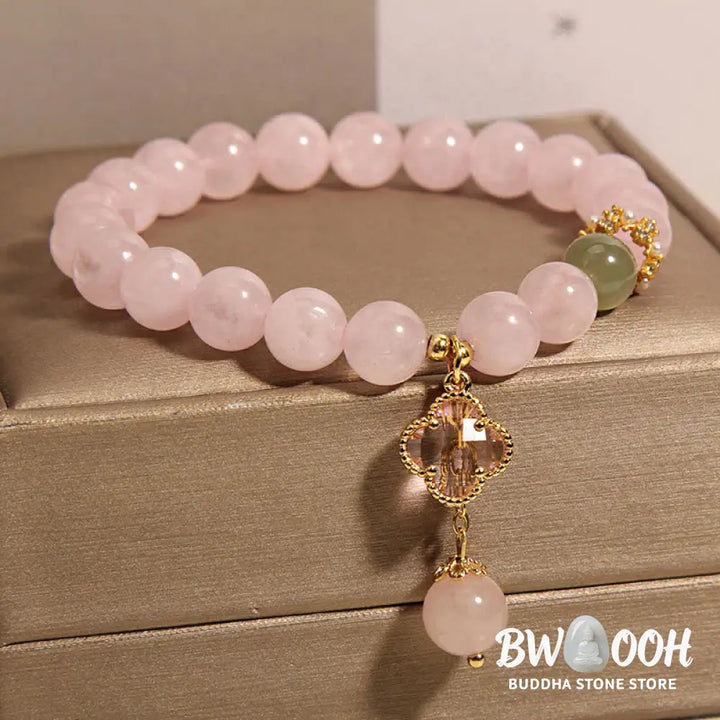 Buddha Stones Natural Pink Crystal Four Leaf Clover Soothing Bracelet - BWOOOH - Pink Crystal(Wrist Circumference: