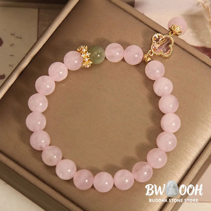 Buddha Stones Natural Pink Crystal Four Leaf Clover Soothing Bracelet - BWOOOH - Pink Crystal(Wrist Circumference:
