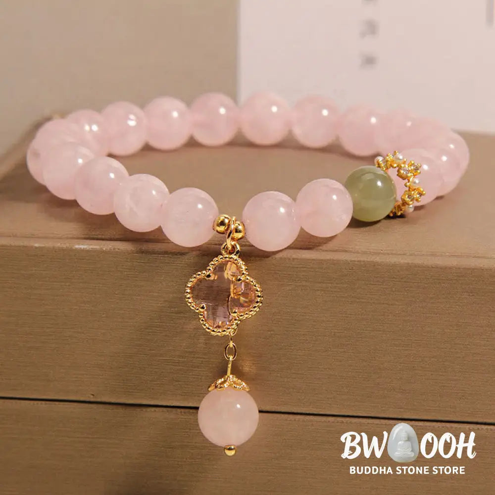 Buddha Stones Natural Pink Crystal Four Leaf Clover Soothing Bracelet - BWOOOH - Pink Crystal(Wrist Circumference: