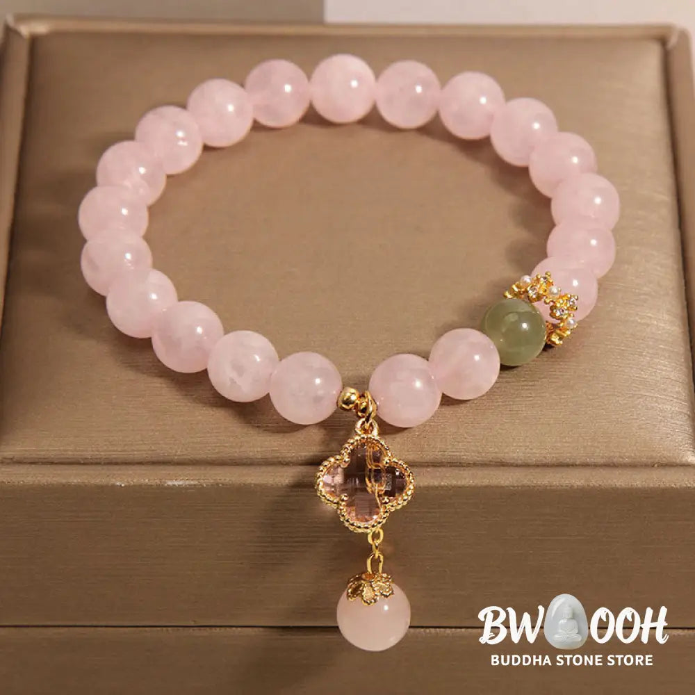 Buddha Stones Natural Pink Crystal Four Leaf Clover Soothing Bracelet - BWOOOH - Pink Crystal(Wrist Circumference: