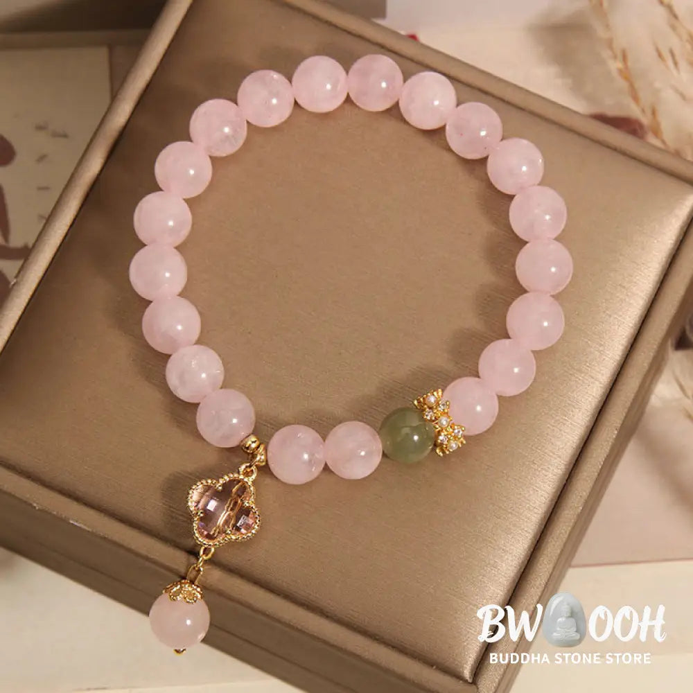 Buddha Stones Natural Pink Crystal Four Leaf Clover Soothing Bracelet - BWOOOH - Pink Crystal(Wrist Circumference: