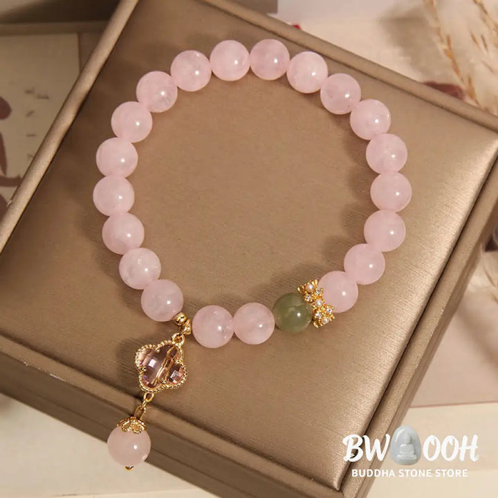 Buddha Stones Natural Pink Crystal Four Leaf Clover Soothing Bracelet - BWOOOH - Pink Crystal(Wrist Circumference: