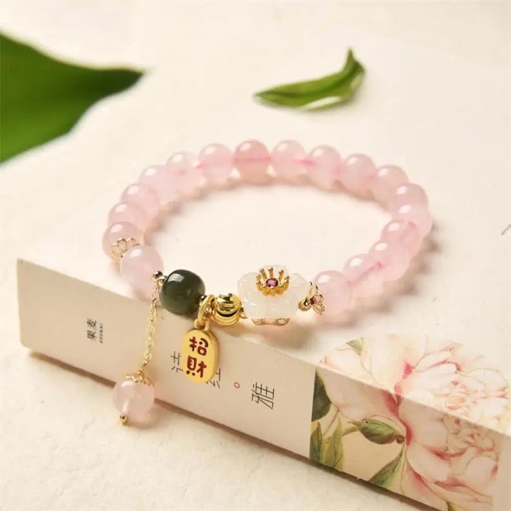 BWOOOH Natural Pink Crystal Jade Flower Warm Love Bracelet - Pink Crystal (Soothing * Warmth) - Bracelet