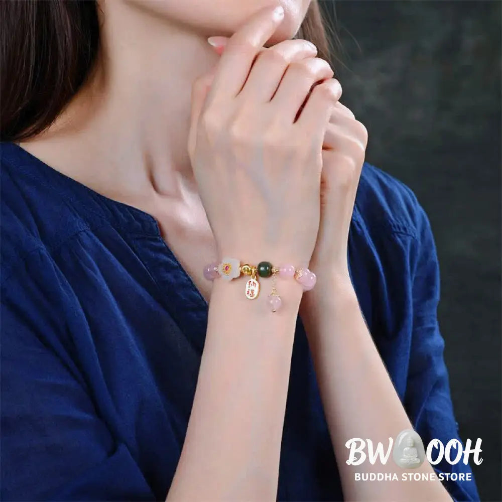 BWOOOH Natural Pink Crystal Jade Flower Warm Love Bracelet - Pink Crystal (Soothing * Warmth) - Bracelet