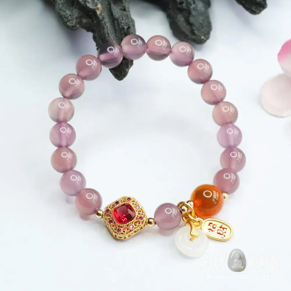 Buddha Stones Natural Purple Chalcedony Candy Agate Peace Buckle Harmony Lucky Fortune Charm Bracelet - BWOOOH - Purple