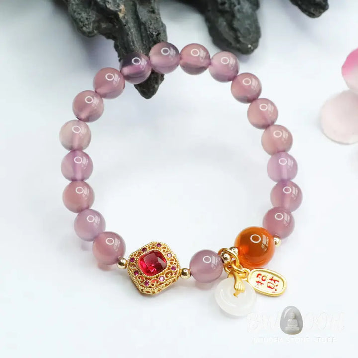 Buddha Stones Natural Purple Chalcedony Candy Agate Peace Buckle Harmony Lucky Fortune Charm Bracelet - BWOOOH - Purple