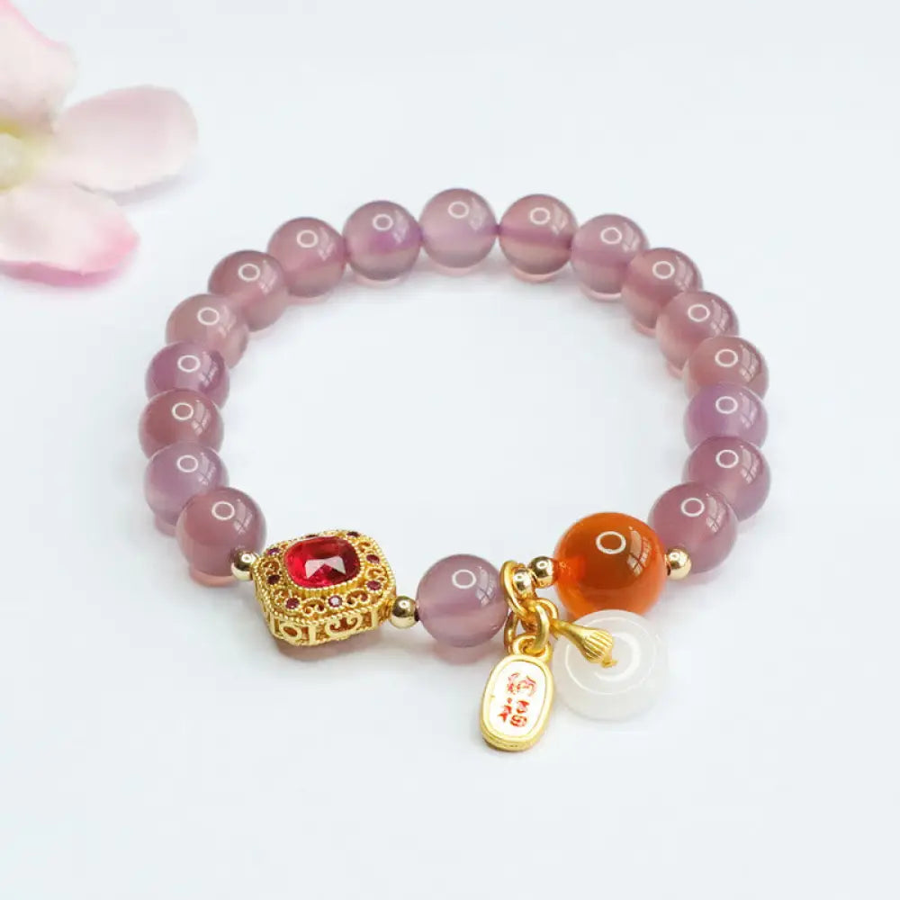 BWOOOH Natural Purple Chalcedony Candy Agate Peace Buckle Harmony Lucky Fortune Charm Bracelet - BWOOOH - Purple