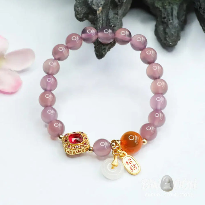 Buddha Stones Natural Purple Chalcedony Candy Agate Peace Buckle Harmony Lucky Fortune Charm Bracelet - BWOOOH - Purple