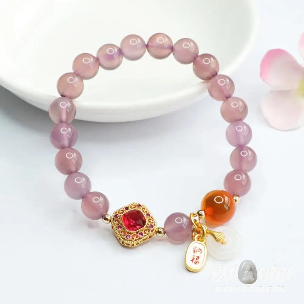 Buddha Stones Natural Purple Chalcedony Candy Agate Peace Buckle Harmony Lucky Fortune Charm Bracelet - BWOOOH - Purple