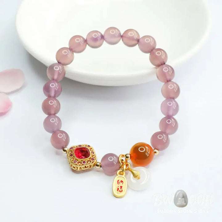 Buddha Stones Natural Purple Chalcedony Candy Agate Peace Buckle Harmony Lucky Fortune Charm Bracelet - BWOOOH - Purple