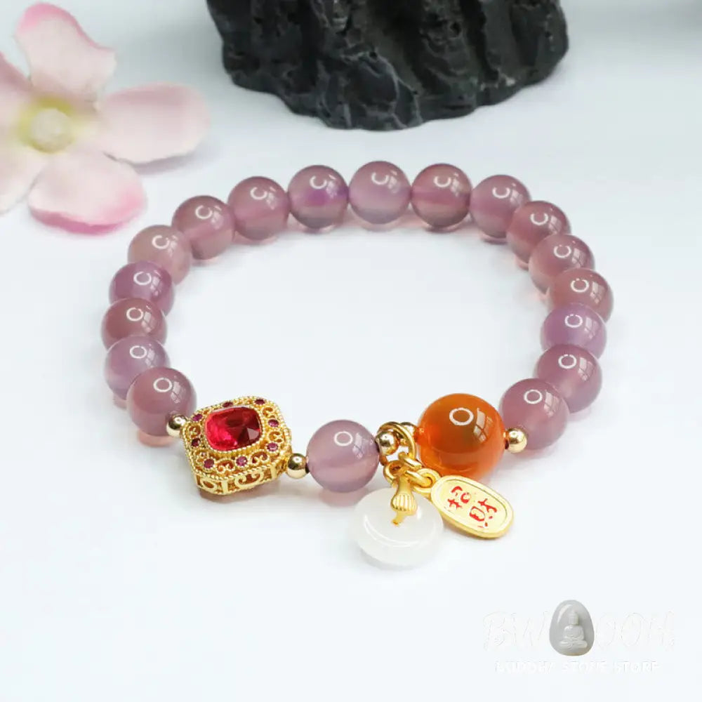 Buddha Stones Natural Purple Chalcedony Candy Agate Peace Buckle Harmony Lucky Fortune Charm Bracelet - BWOOOH - Purple