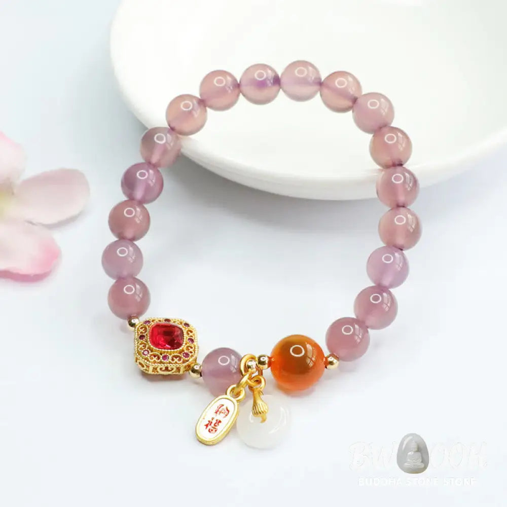 Buddha Stones Natural Purple Chalcedony Candy Agate Peace Buckle Harmony Lucky Fortune Charm Bracelet - BWOOOH - Purple