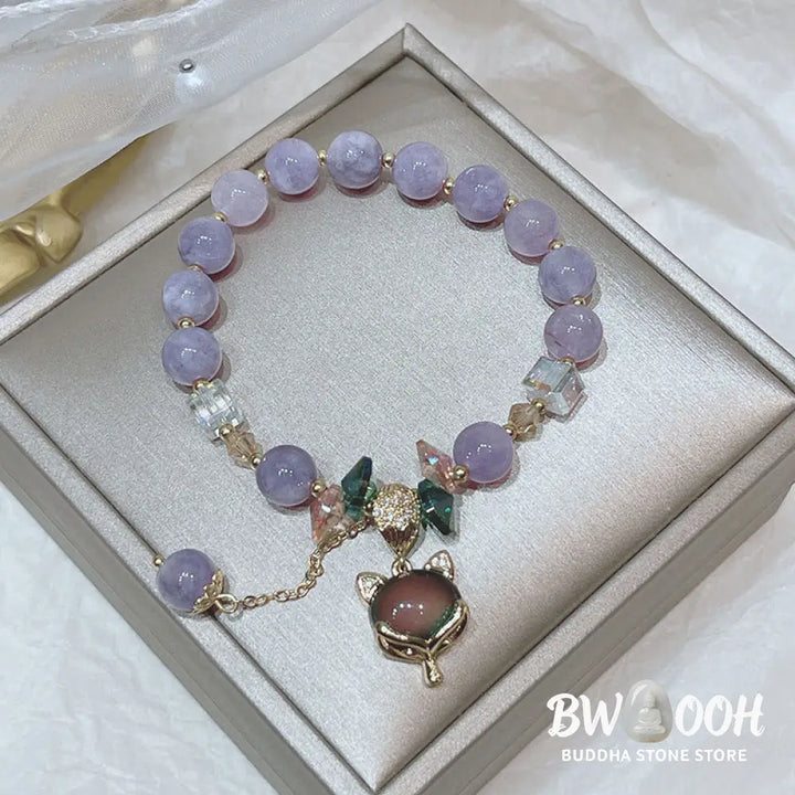 Buddha Stones Natural Purple Jade Fox Charm Happiness Bracelet - BWOOOH - Purple Jade(Wrist Circumference 14-16cm)