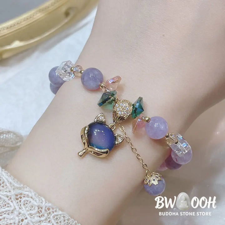 Buddha Stones Natural Purple Jade Fox Charm Happiness Bracelet - BWOOOH - Purple Jade(Wrist Circumference 14-16cm)