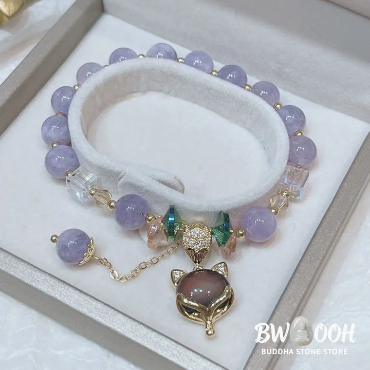 Buddha Stones Natural Purple Jade Fox Charm Happiness Bracelet - BWOOOH - Purple Jade(Wrist Circumference 14-16cm)