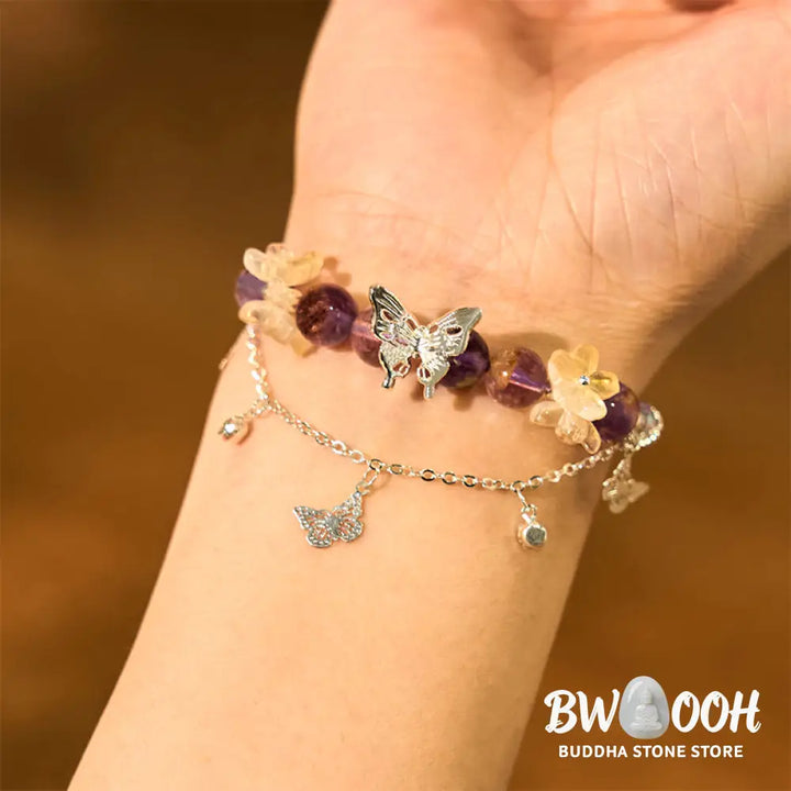 Buddha Stones Natural Purple Phantom Butterfly Flowers Wisdom Bracelet - BWOOOH - Purple Phantom(Wrist Circumference: