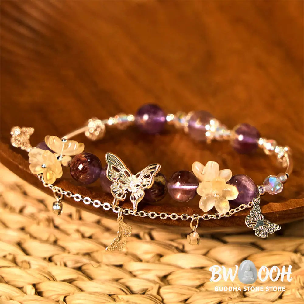 Buddha Stones Natural Purple Phantom Butterfly Flowers Wisdom Bracelet - BWOOOH - Purple Phantom(Wrist Circumference: