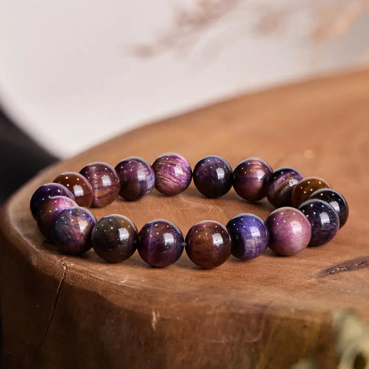 Buddha Stones Natural Purple Tiger Eye Protection Strength Bracelet - BWOOOH - 14mm - Bracelet