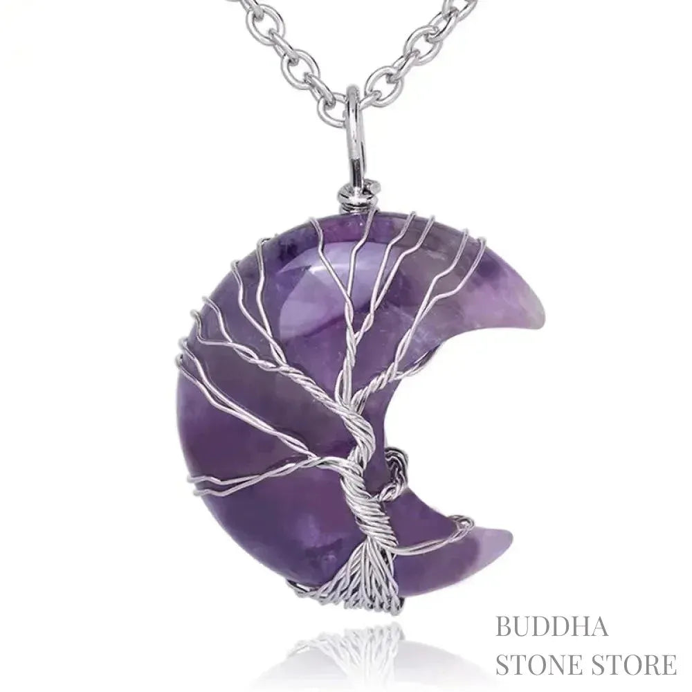 BWOOOH Natural Quartz Crystal Moon Tree of Life Healing Energy Necklace Pendant, crafted with a silver-wrapped Tree of Life design on a 32x47mm moon-shaped crystal, showcasing available materials like Amethyst or Rose Quartz.