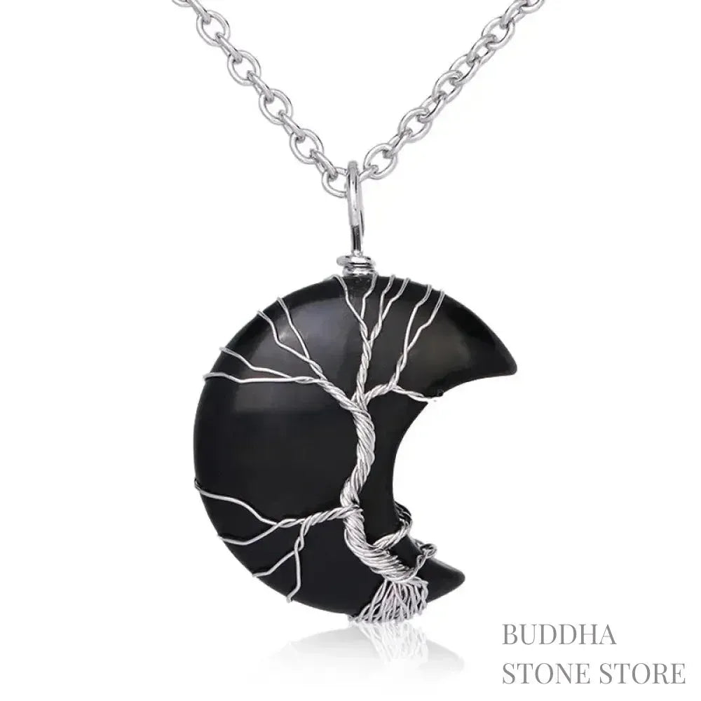 BWOOOH Natural Quartz Crystal Moon Tree of Life Healing Energy Necklace Pendant, crafted with a silver-wrapped Tree of Life design on a 32x47mm moon-shaped crystal, showcasing available materials like Amethyst or Rose Quartz. - View 19