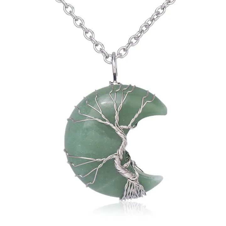 BWOOOH Natural Quartz Crystal Moon Tree of Life Healing Energy Necklace Pendant, crafted with a silver-wrapped Tree of Life design on a 32x47mm moon-shaped crystal, showcasing available materials like Amethyst or Rose Quartz. - View 5