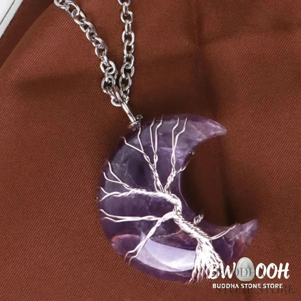 BWOOOH Natural Quartz Crystal Moon Tree of Life Healing Energy Necklace Pendant, crafted with a silver-wrapped Tree of Life design on a 32x47mm moon-shaped crystal, showcasing available materials like Amethyst or Rose Quartz. - View 2