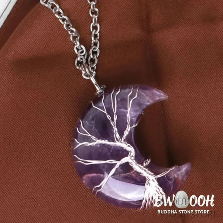 BWOOOH Natural Quartz Crystal Moon Tree of Life Healing Energy Necklace Pendant, crafted with a silver-wrapped Tree of Life design on a 32x47mm moon-shaped crystal, showcasing available materials like Amethyst or Rose Quartz. - View 2