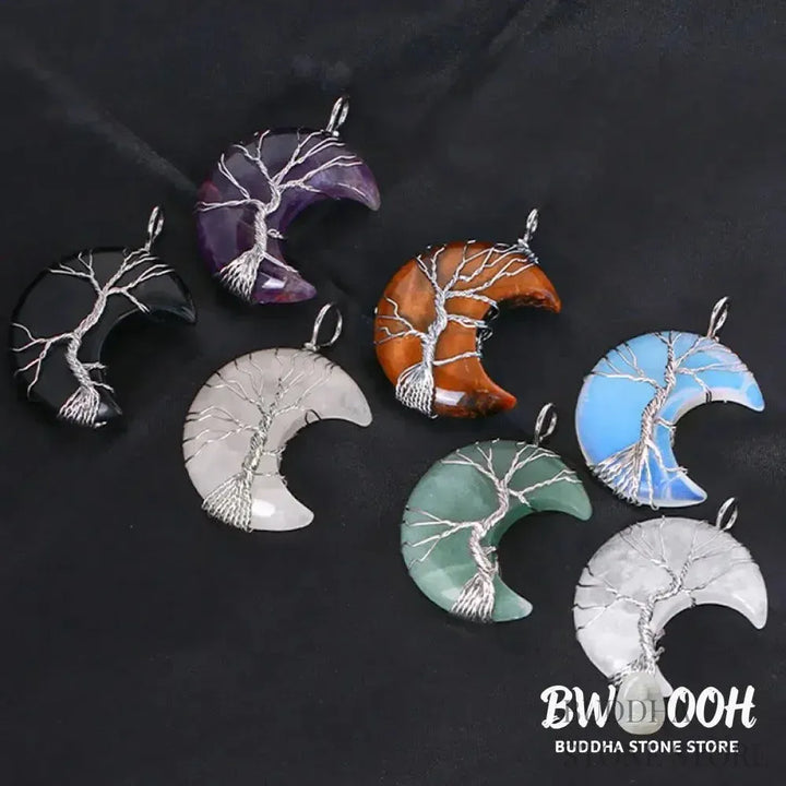 BWOOOH Natural Quartz Crystal Moon Tree of Life Healing Energy Necklace Pendant, crafted with a silver-wrapped Tree of Life design on a 32x47mm moon-shaped crystal, showcasing available materials like Amethyst or Rose Quartz. - View 20