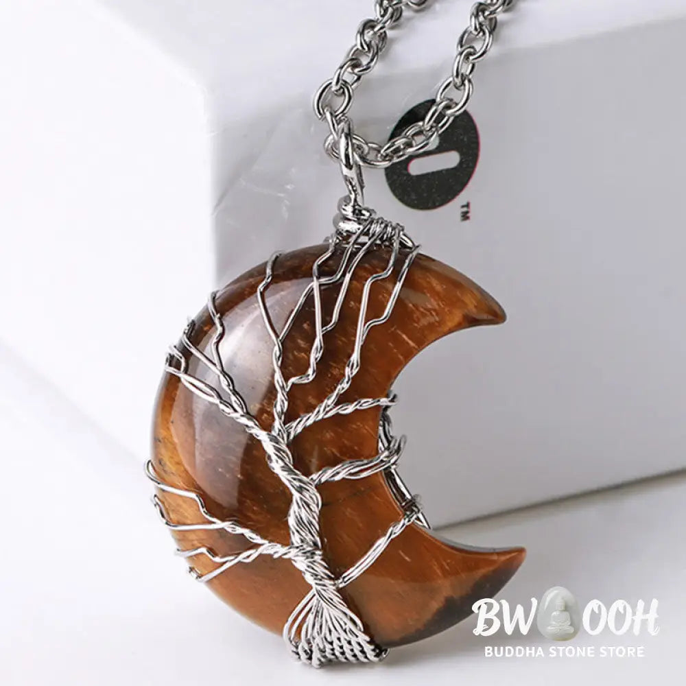BWOOOH Natural Quartz Crystal Moon Tree of Life Healing Energy Necklace Pendant, crafted with a silver-wrapped Tree of Life design on a 32x47mm moon-shaped crystal, showcasing available materials like Amethyst or Rose Quartz. - View 16