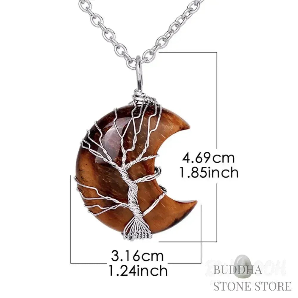 BWOOOH Natural Quartz Crystal Moon Tree of Life Healing Energy Necklace Pendant, crafted with a silver-wrapped Tree of Life design on a 32x47mm moon-shaped crystal, showcasing available materials like Amethyst or Rose Quartz. - View 17