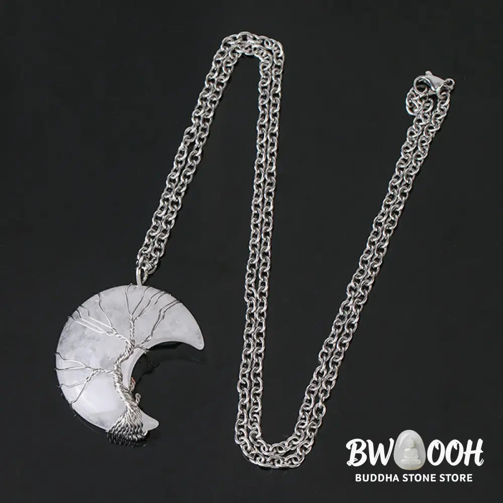 BWOOOH Natural Quartz Crystal Moon Tree of Life Healing Energy Necklace Pendant, crafted with a silver-wrapped Tree of Life design on a 32x47mm moon-shaped crystal, showcasing available materials like Amethyst or Rose Quartz. - View 11