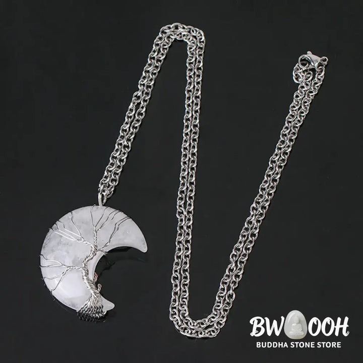 BWOOOH Natural Quartz Crystal Moon Tree of Life Healing Energy Necklace Pendant, crafted with a silver-wrapped Tree of Life design on a 32x47mm moon-shaped crystal, showcasing available materials like Amethyst or Rose Quartz. - View 11