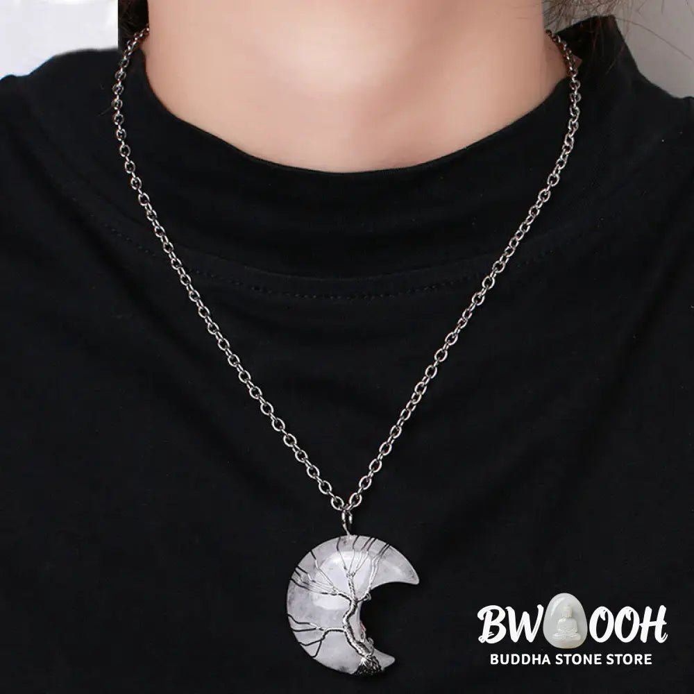 BWOOOH Natural Quartz Crystal Moon Tree of Life Healing Energy Necklace Pendant, crafted with a silver-wrapped Tree of Life design on a 32x47mm moon-shaped crystal, showcasing available materials like Amethyst or Rose Quartz. - View 10