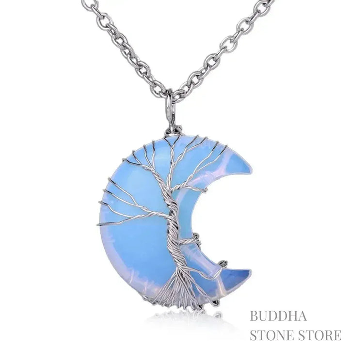 BWOOOH Natural Quartz Crystal Moon Tree of Life Healing Energy Necklace Pendant, crafted with a silver-wrapped Tree of Life design on a 32x47mm moon-shaped crystal, showcasing available materials like Amethyst or Rose Quartz. - View 13