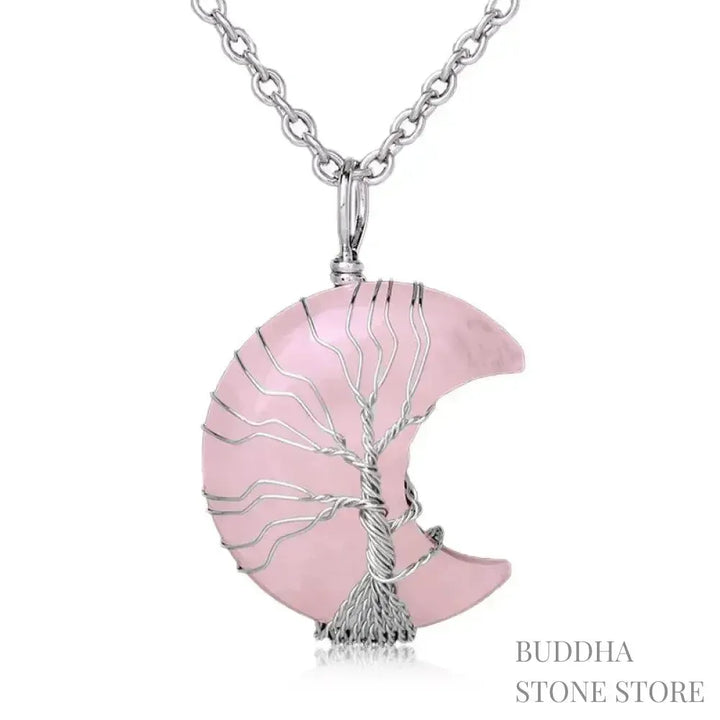 BWOOOH Natural Quartz Crystal Moon Tree of Life Healing Energy Necklace Pendant, crafted with a silver-wrapped Tree of Life design on a 32x47mm moon-shaped crystal, showcasing available materials like Amethyst or Rose Quartz. - View 7