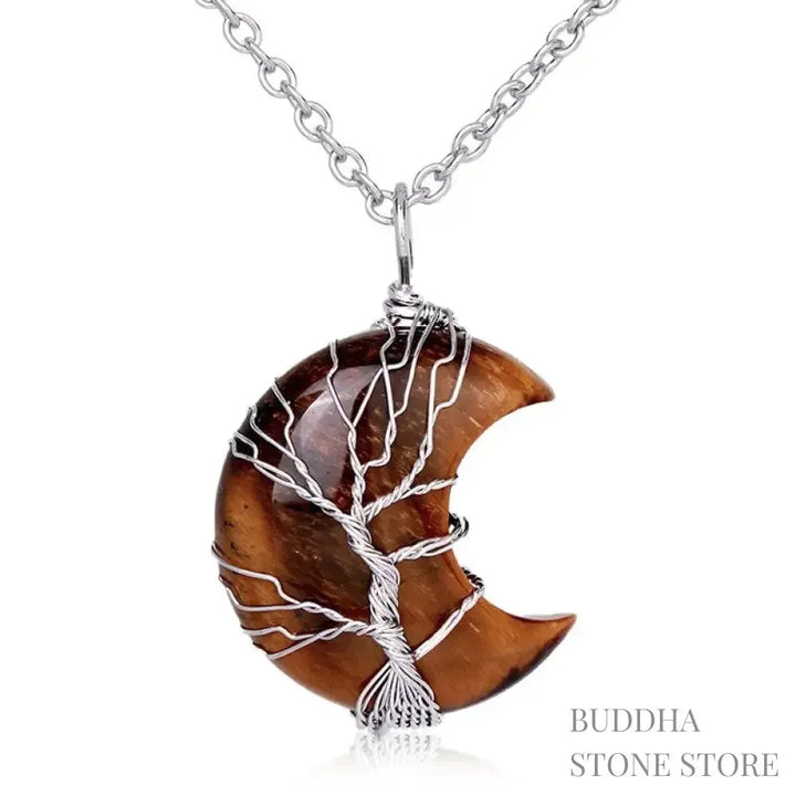 BWOOOH Natural Quartz Crystal Moon Tree of Life Healing Energy Necklace Pendant, crafted with a silver-wrapped Tree of Life design on a 32x47mm moon-shaped crystal, showcasing available materials like Amethyst or Rose Quartz. - View 15