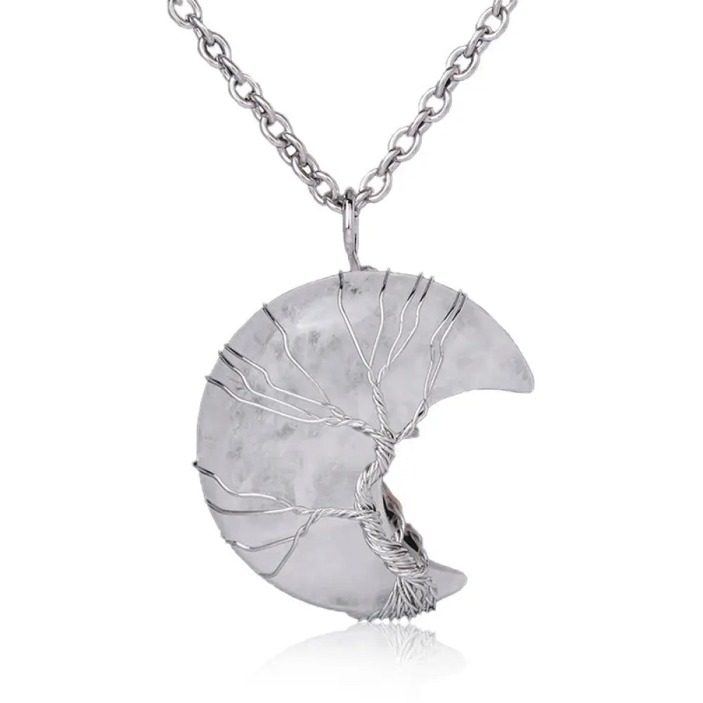 BWOOOH Natural Quartz Crystal Moon Tree of Life Healing Energy Necklace Pendant, crafted with a silver-wrapped Tree of Life design on a 32x47mm moon-shaped crystal, showcasing available materials like Amethyst or Rose Quartz. - View 9