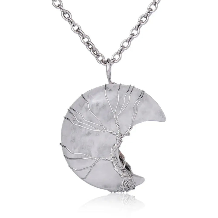 BWOOOH Natural Quartz Crystal Moon Tree of Life Healing Energy Necklace Pendant, crafted with a silver-wrapped Tree of Life design on a 32x47mm moon-shaped crystal, showcasing available materials like Amethyst or Rose Quartz. - View 9