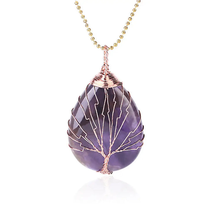 BWOOOH Natural Quartz Crystal Tree of Life Healing Energy Necklace Pendant featuring Amethyst, Green Aventurine, Pink Crystal, and other genuine gemstones, symbolizing unity and spiritual growth on a durable chain. - View 4